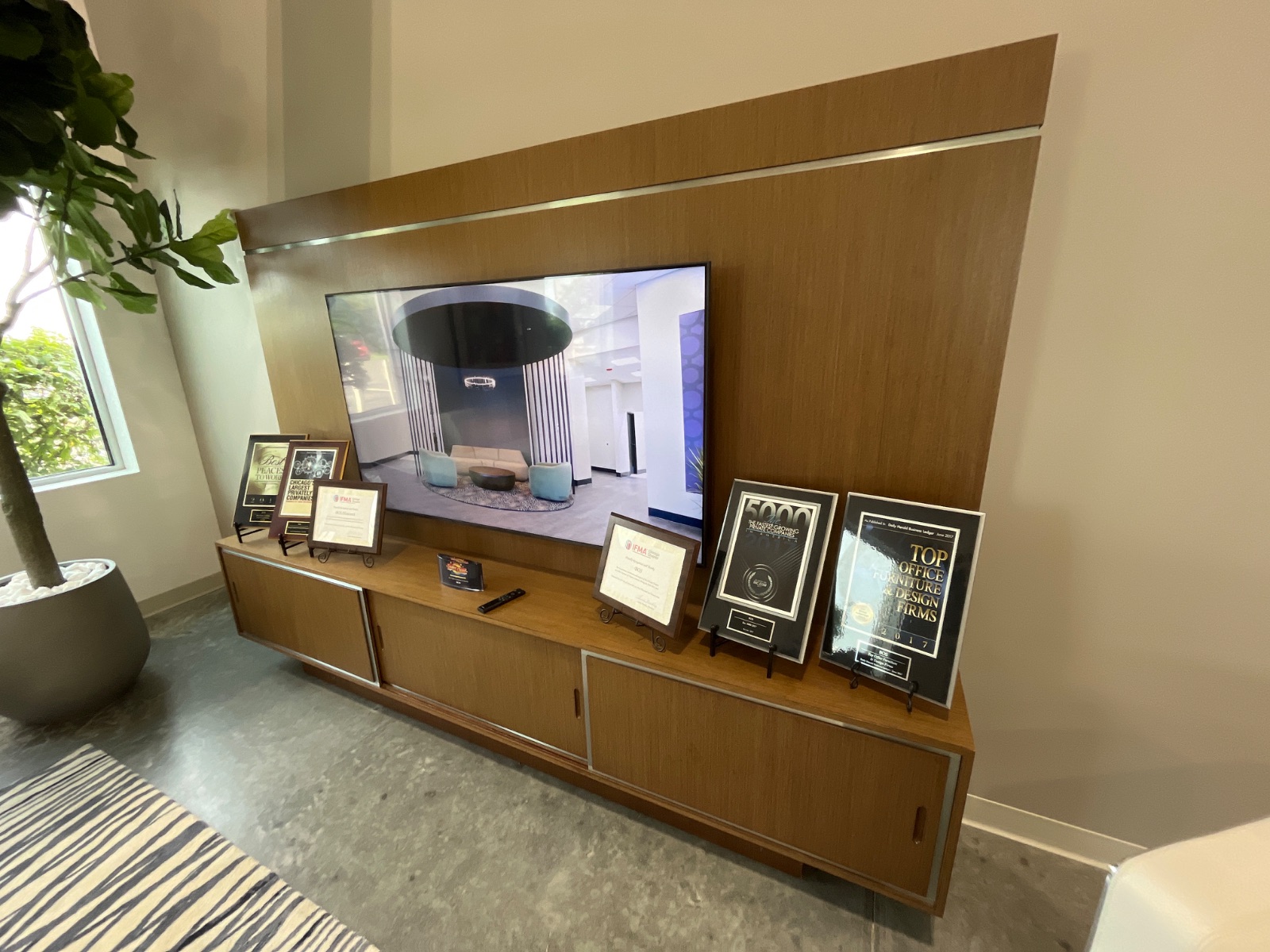 HAWORTH Walnut Media Credenza with Wall Panel