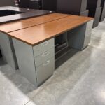 STEELCASE Walnut & Grey Double Pedestal Desk