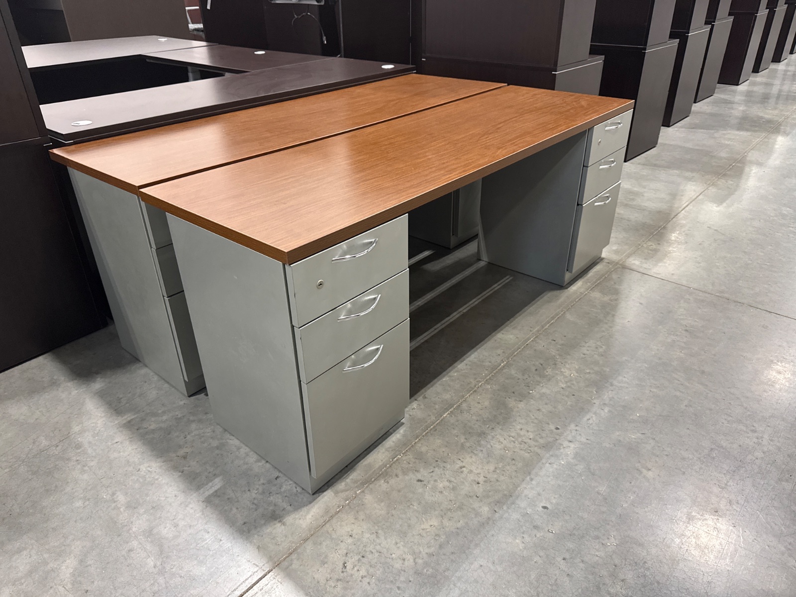 STEELCASE Walnut & Grey Double Pedestal Desk