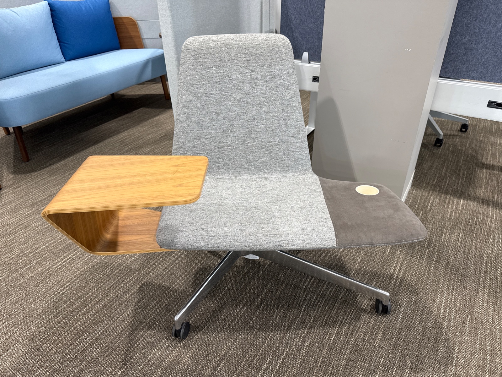 HAWORTH Grey Work Lounge Chair with Walnut Tablet Arm